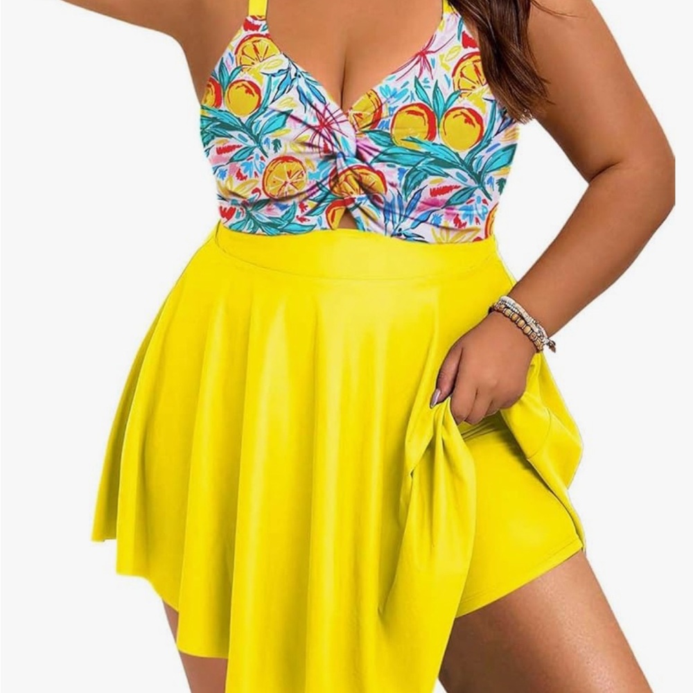Plus Size Bathing Suit; Vibrant Yellow Skirt with Shorts